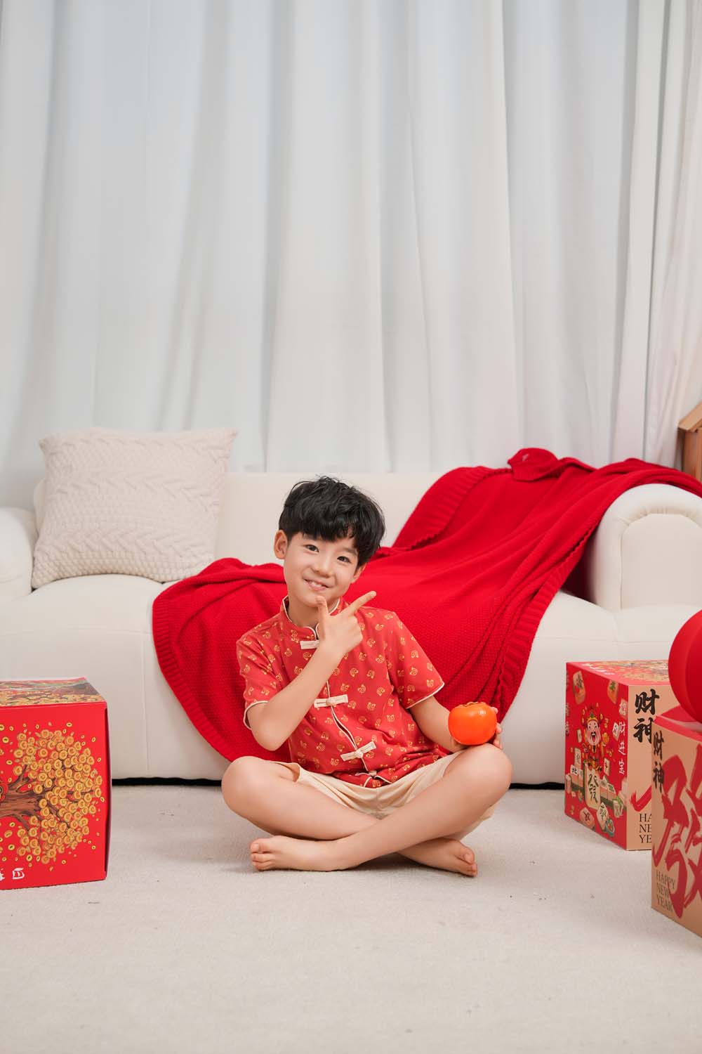 Singapore Souvenir Gift Blessing and Joy Family Set with Lucky Fu Characters Baby Kids Boys Cheongsam Set Top n Shorts CNY Chinese New Year Outfit 0832