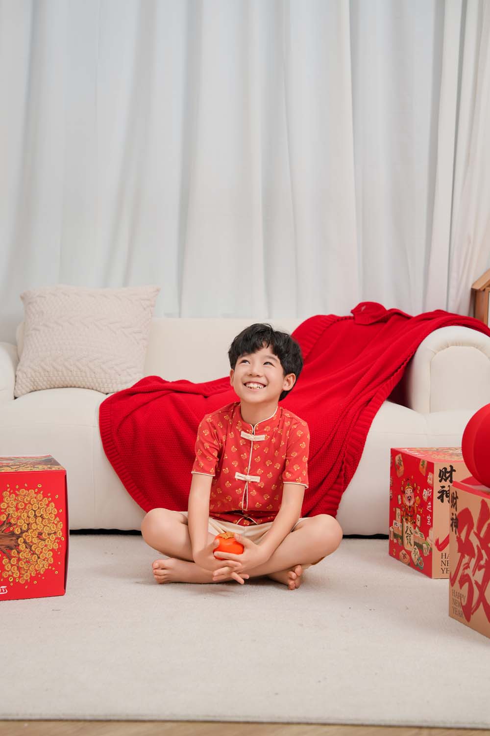 Singapore Souvenir Gift Blessing and Joy Family Set with Lucky Fu Characters Baby Kids Boys Cheongsam Set Top n Shorts CNY Chinese New Year Outfit 0832