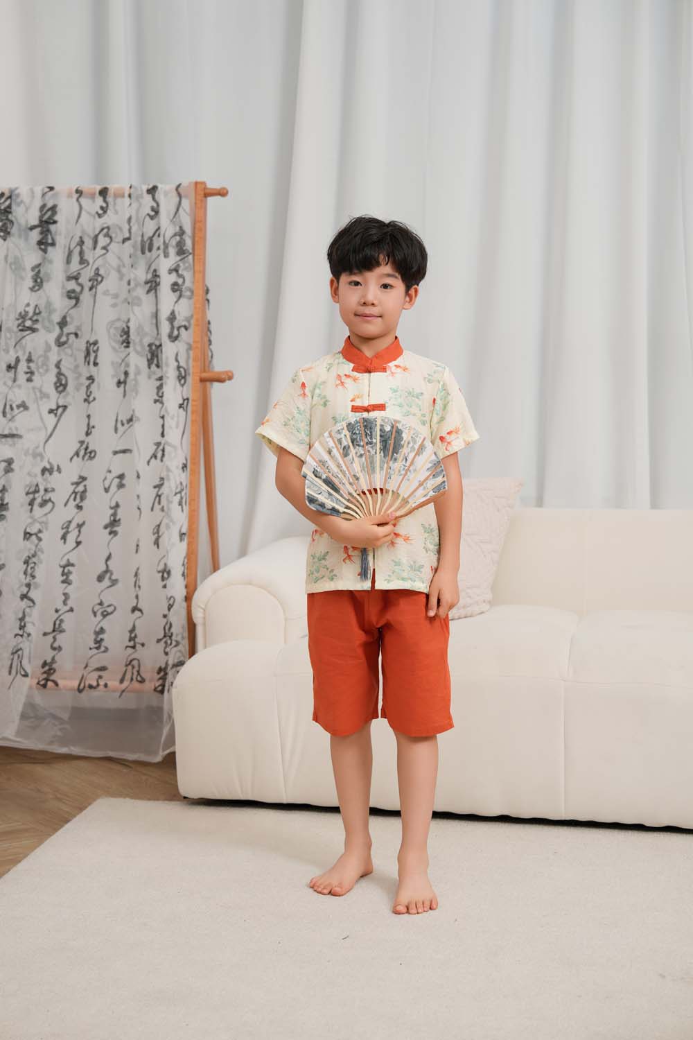 Fortune Bloom Family Set with Golden Fish Baby Kids Boys Cheongsam Set Top n Shorts CNY Chinese New Year Outfit 0829