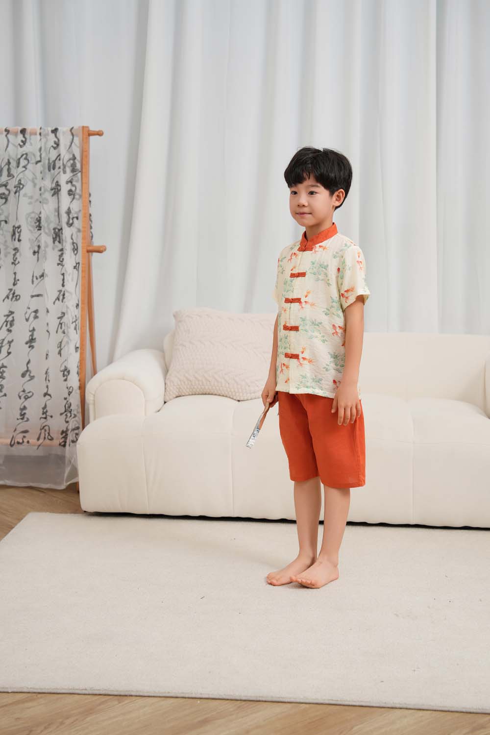 Fortune Bloom Family Set with Golden Fish Baby Kids Boys Cheongsam Set Top n Shorts CNY Chinese New Year Outfit 0829