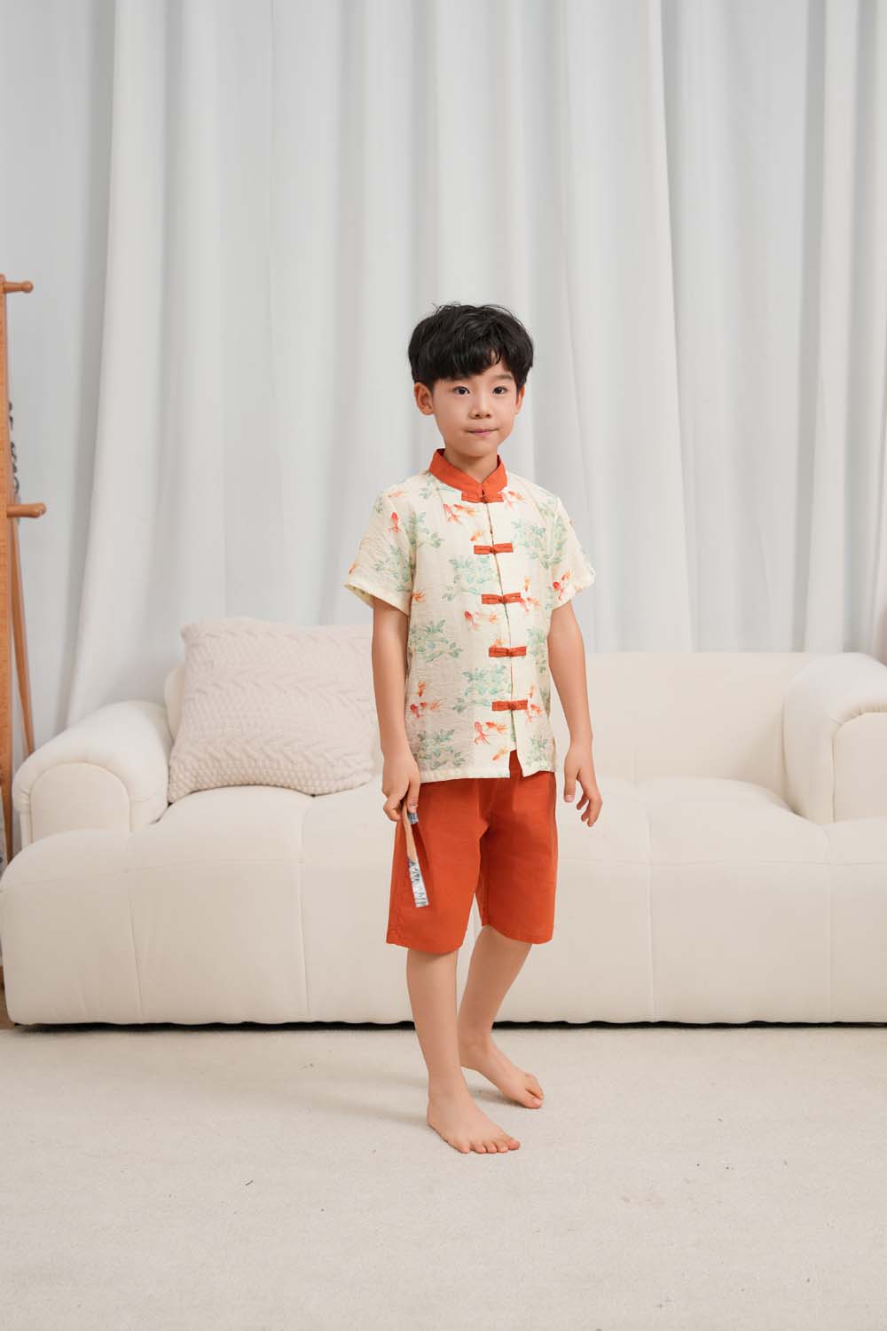 Fortune Bloom Family Set with Golden Fish Baby Kids Boys Cheongsam Set Top n Shorts CNY Chinese New Year Outfit 0829