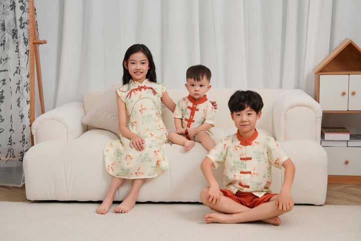 Singapore Souvenir Gift Fortune Bloom Family Set with Golden Fish Baby Kids Girl Cheongsam Dress 0827