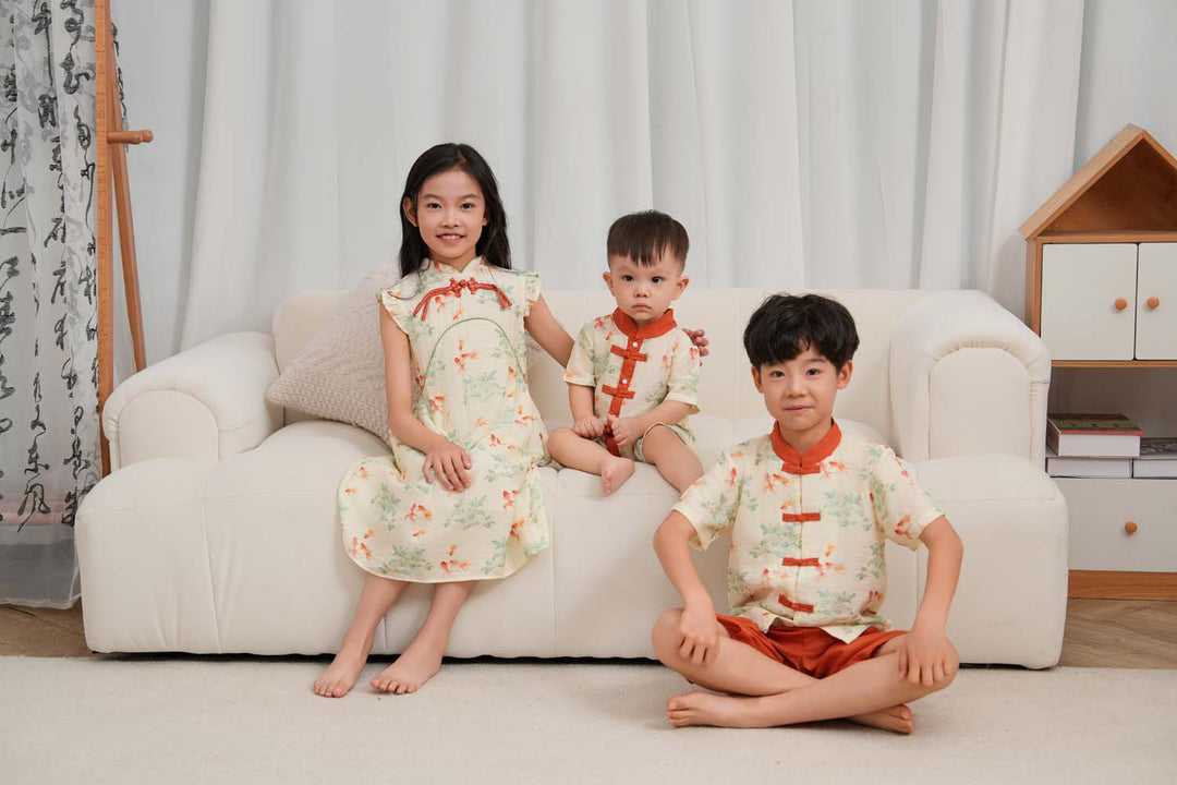 Singapore Souvenir Gift Fortune Bloom Family Set with Golden Fish Baby Kids Boys Cheongsam Set Top n Shorts CNY Chinese New Year Outfit 0829