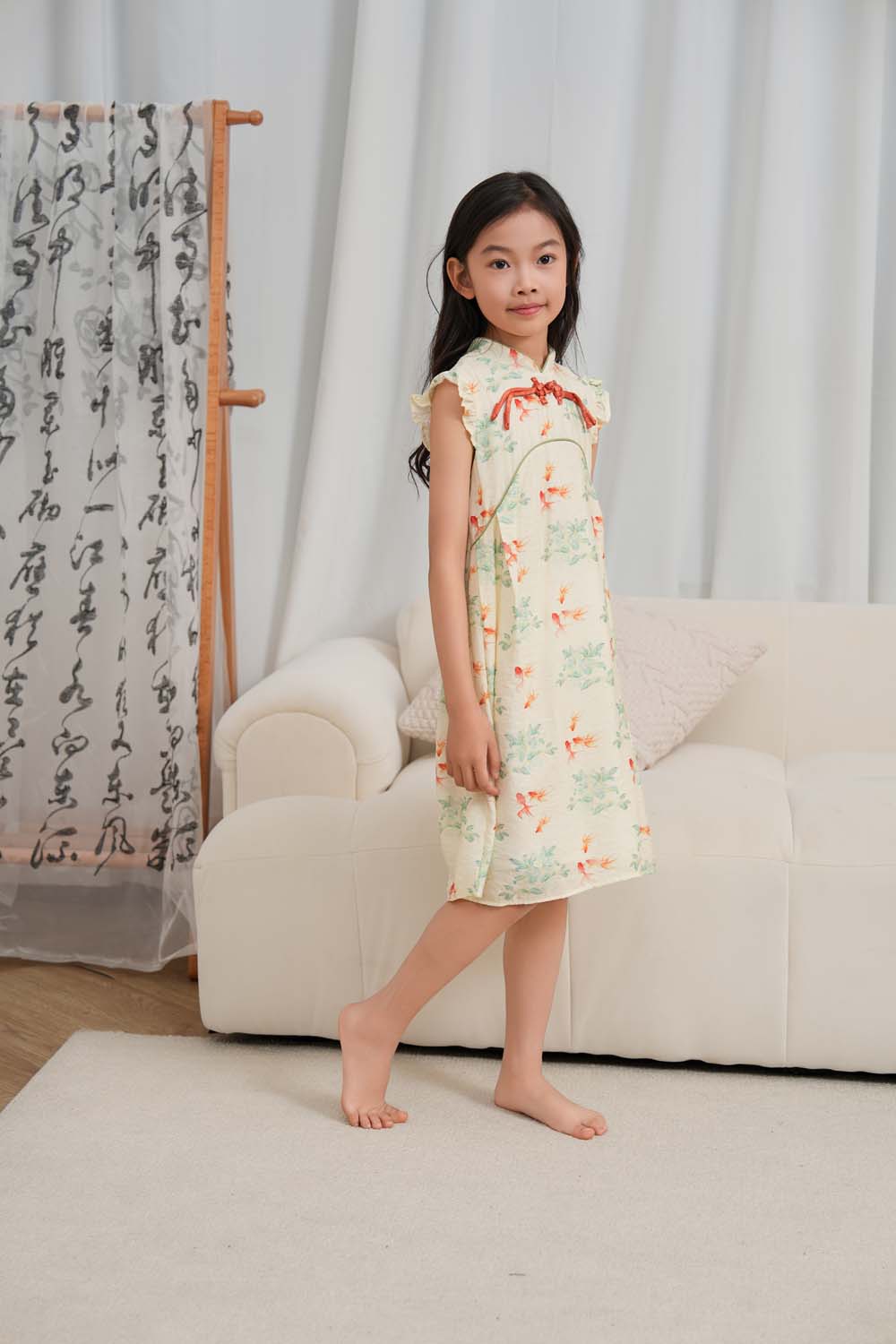 Fortune Bloom Family Set with Golden Fish Baby Kids Girl Cheongsam Dress 0827