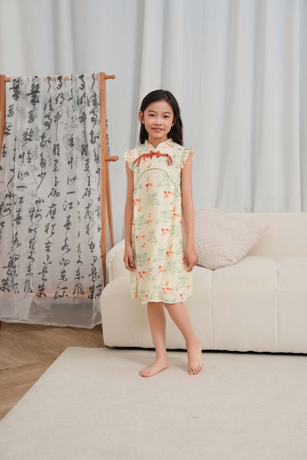 Fortune Bloom Family Set with Golden Fish Baby Kids Girl Cheongsam Dress 0827