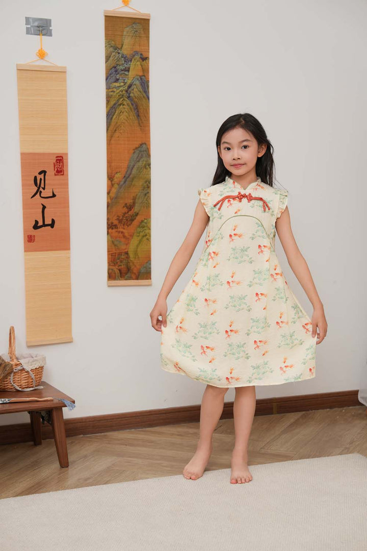 Fortune Bloom Family Set with Golden Fish Baby Kids Girl Cheongsam Dress 0827