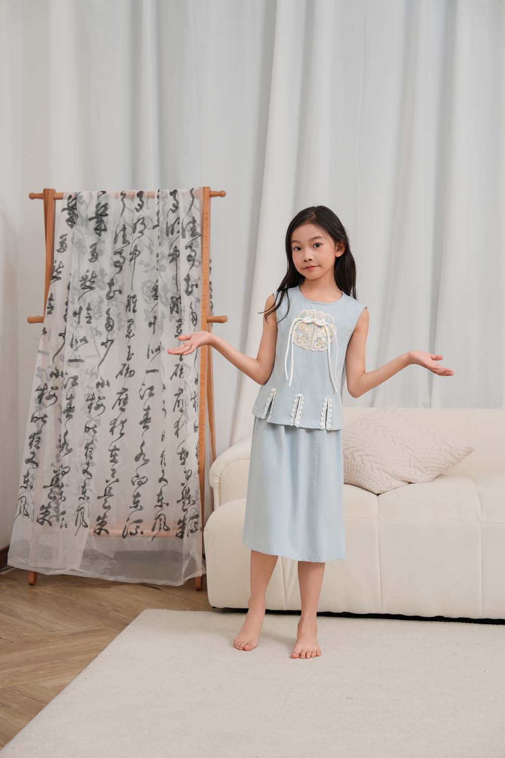 Singapore Souvenir Gift Vitality n Wisdom Blue Family Set Baby Kids Girl Cheongsam Top n Skirt Set 0842