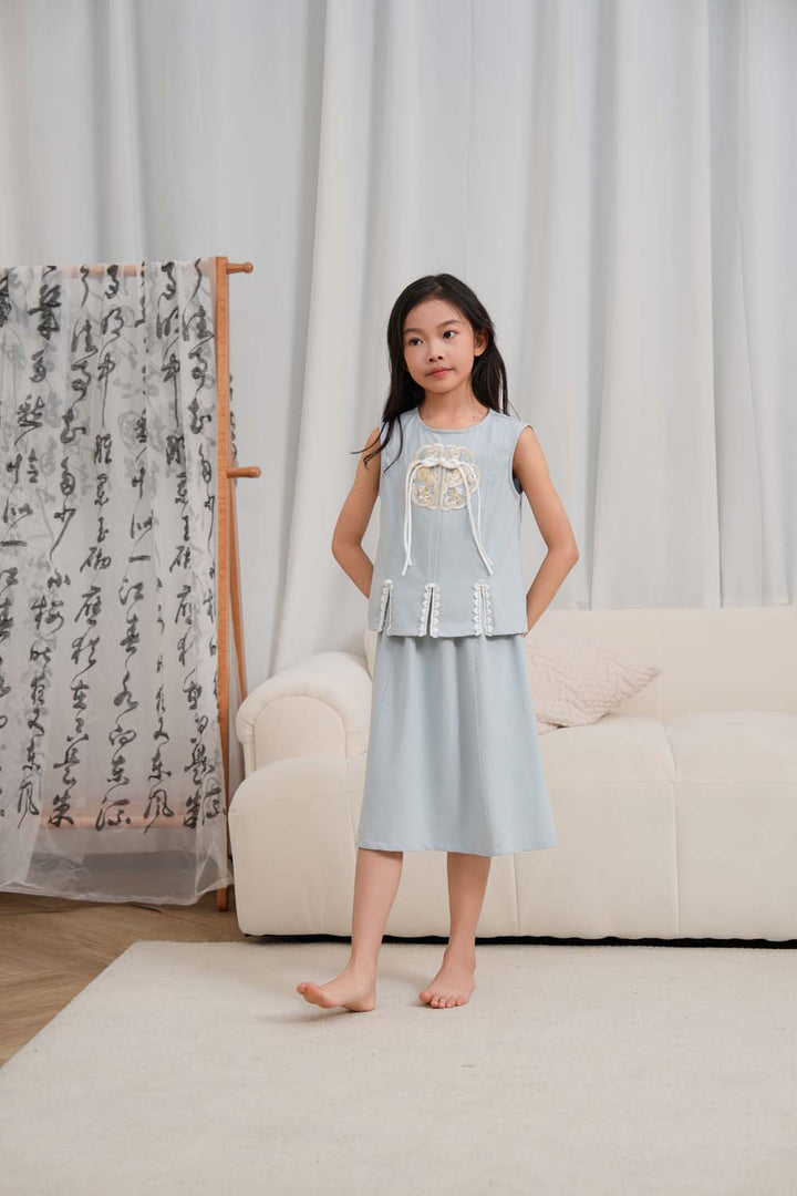 Singapore Souvenir Gift Vitality n Wisdom Blue Family Set Baby Kids Girl Cheongsam Top n Skirt Set 0842