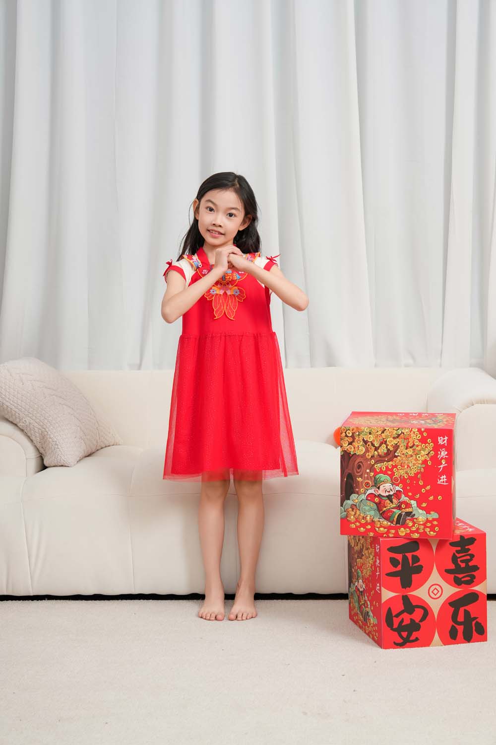 Wealth and Harmony Red Family Set with Golden Fish Embroidery Baby Kids Girl Cheongsam Dress 0833