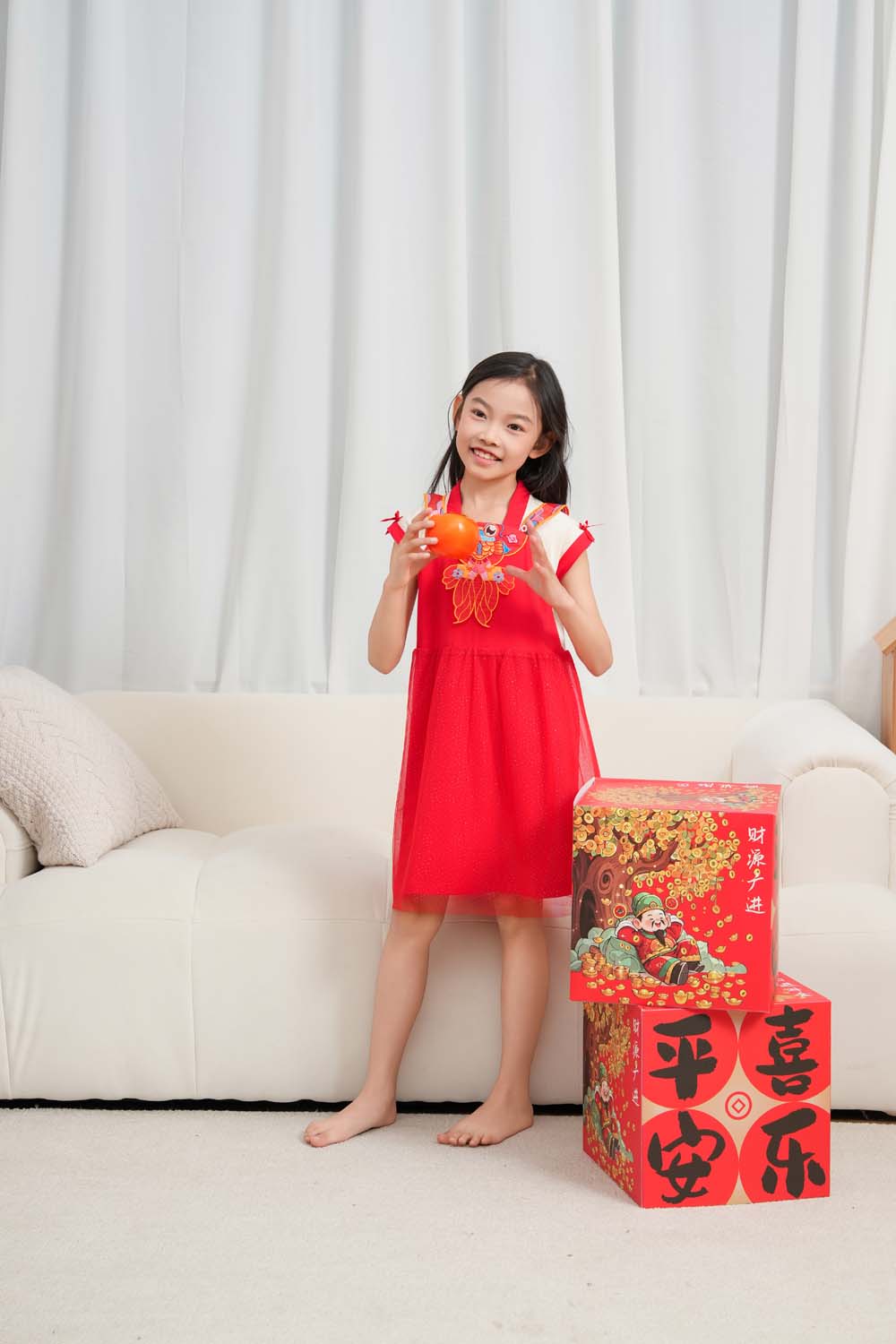 Wealth and Harmony Red Family Set with Golden Fish Embroidery Baby Kids Girl Cheongsam Dress 0833