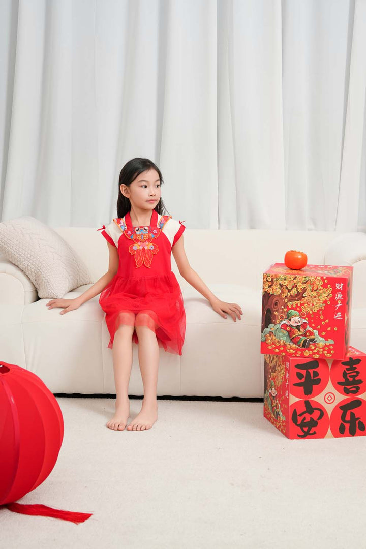 Wealth and Harmony Red Family Set with Golden Fish Embroidery Baby Kids Girl Cheongsam Dress 0833