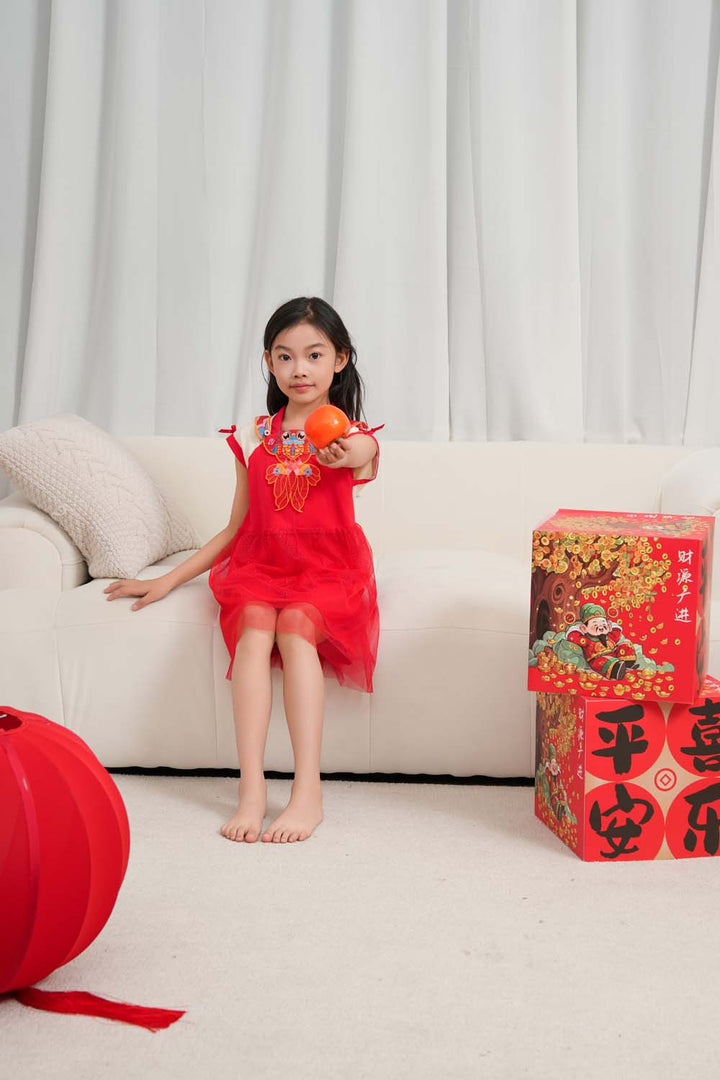 Singapore Souvenir Gift Wealth and Harmony Red Family Set with Golden Fish Embroidery Baby Kids Girl Cheongsam Dress 0833