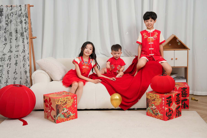 Singapore Souvenir Gift Wealth and Harmony Red Family Set with Golden Fish Baby Boy Cheongsam Romper 0834