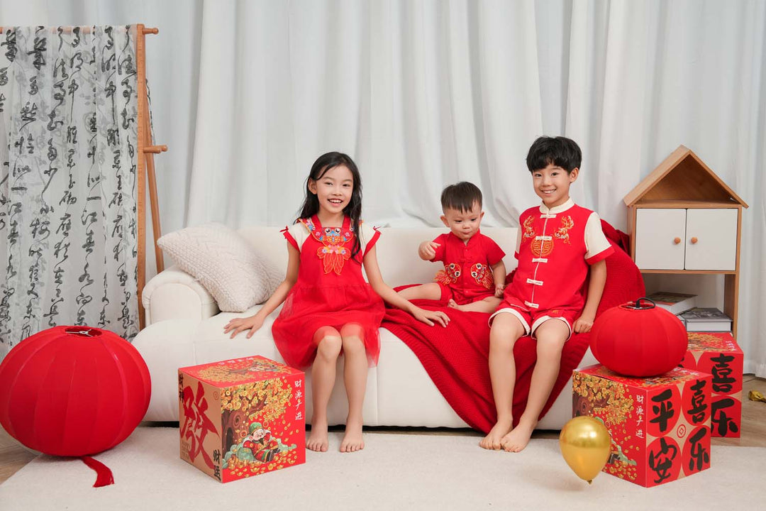 Singapore Souvenir Gift Wealth and Harmony Red Family Set with Golden Fish Baby Boy Cheongsam Romper 0834