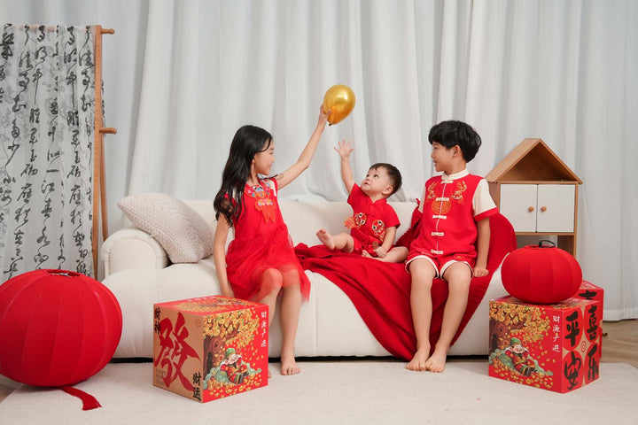 Singapore Souvenir Gift Wealth and Harmony Red Family Set with Golden Fish Baby Boy Cheongsam Romper 0834