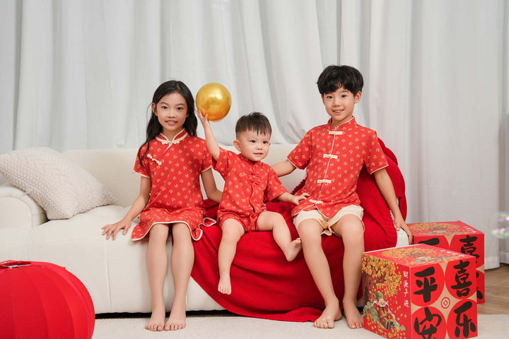 Singapore Souvenir Gift Blessing and Joy Family Set with Lucky Fu Characters Baby Boy Cheongsam Romper 0831