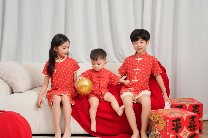 Singapore Souvenir Gift Blessing and Joy Family Set with Lucky Fu Characters Baby Boy Cheongsam Romper 0831