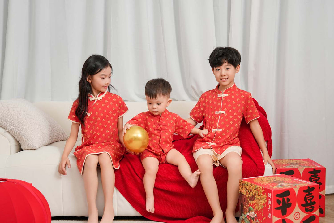 Singapore Souvenir Gift Blessing and Joy Family Set with Lucky Fu Characters Baby Kids Boys Cheongsam Set Top n Shorts CNY Chinese New Year Outfit 0832