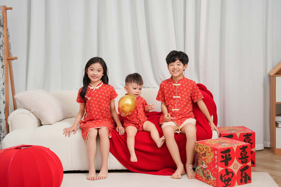 Singapore Souvenir Gift Blessing and Joy Family Set with Lucky Fu Characters Baby Boy Cheongsam Romper 0831