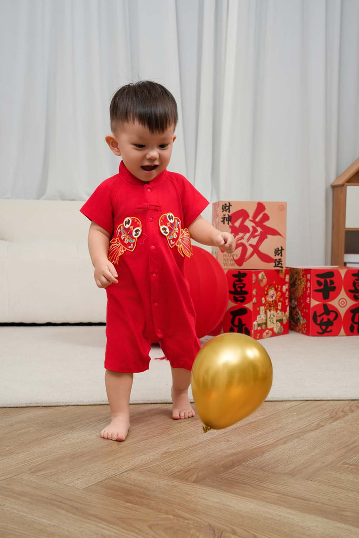 Wealth and Harmony Red Family Set with Golden Fish Baby Boy Cheongsam Romper 0834