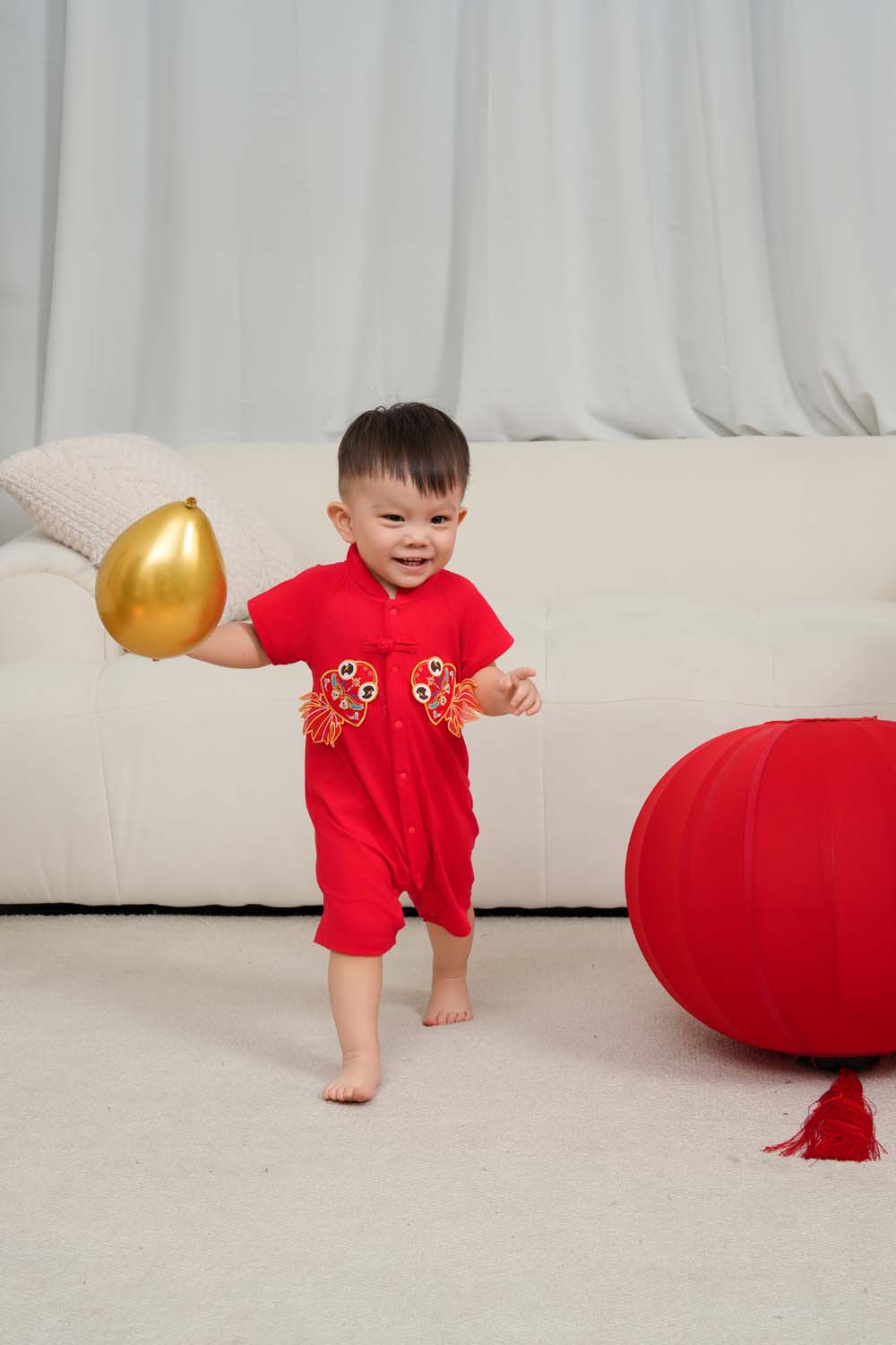 Singapore Souvenir Gift Wealth and Harmony Red Family Set with Golden Fish Baby Boy Cheongsam Romper 0834