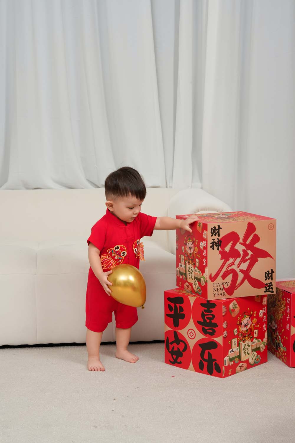 Singapore Souvenir Gift Wealth and Harmony Red Family Set with Golden Fish Baby Boy Cheongsam Romper 0834