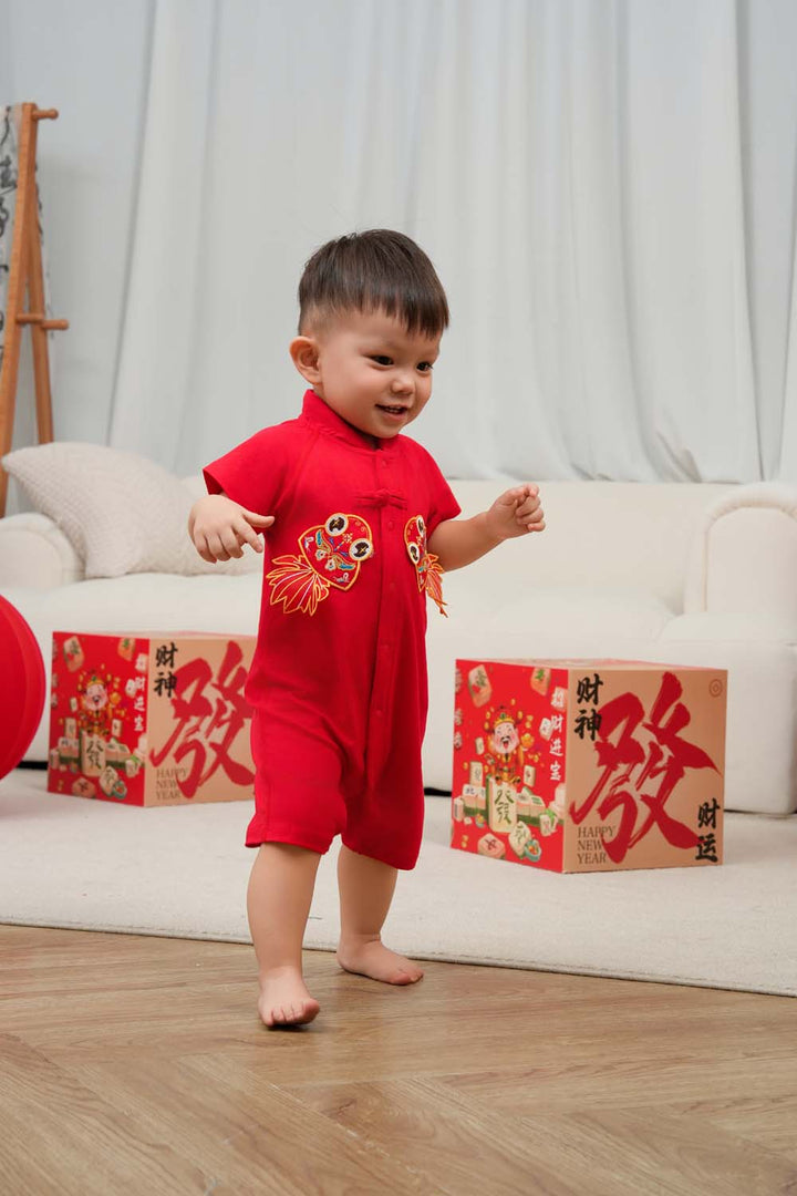 Wealth and Harmony Red Family Set with Golden Fish Baby Boy Cheongsam Romper 0834