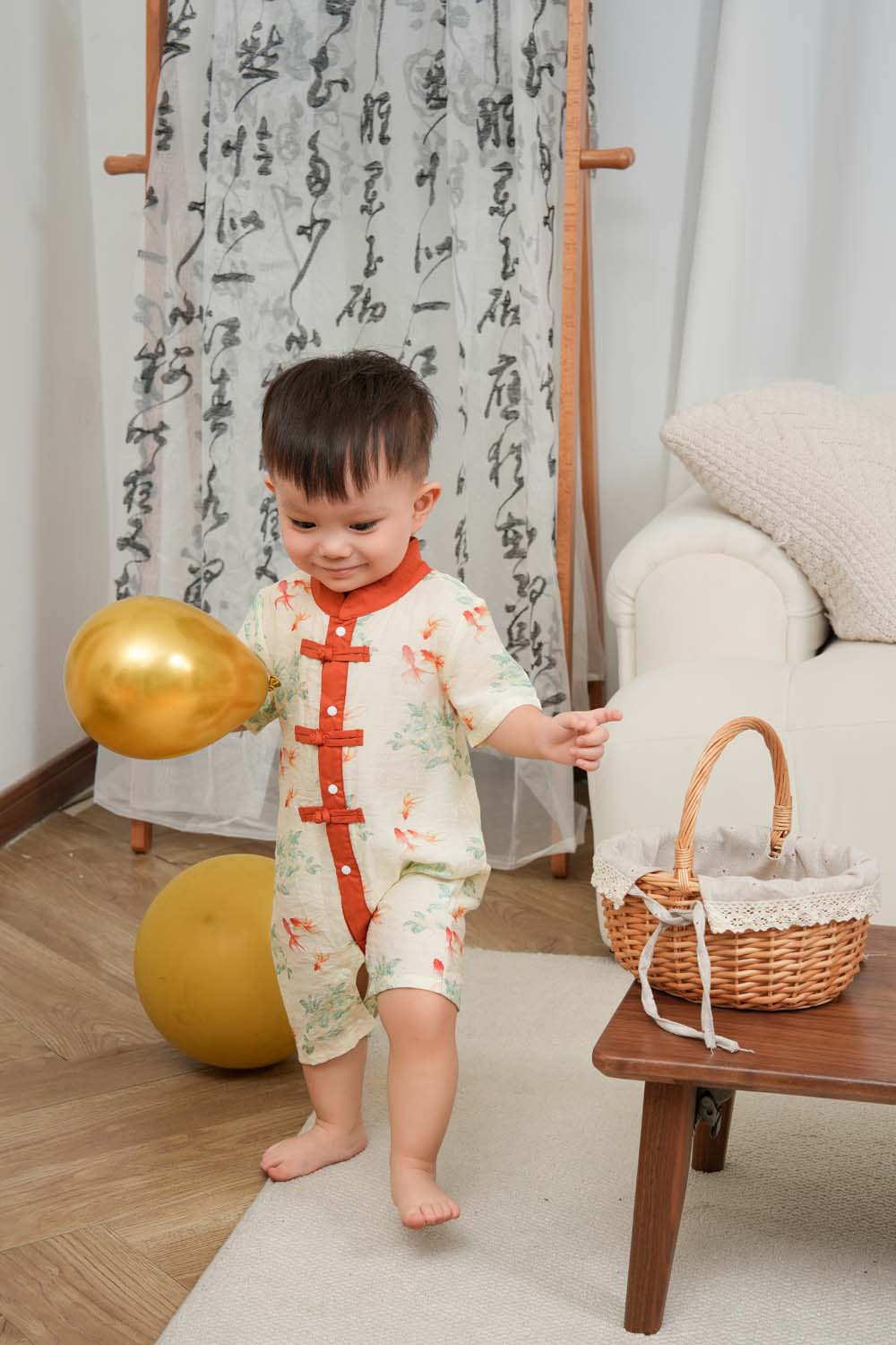 Singapore Souvenir Gift Fortune Bloom Family Set with Golden Fish Baby Boy Cheongsam Romper 0828