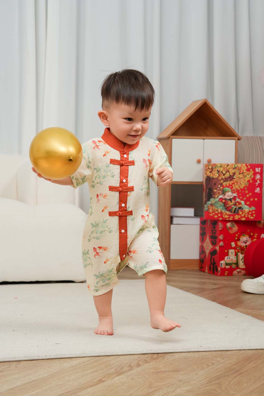 Singapore Souvenir Gift Fortune Bloom Family Set with Golden Fish Baby Boy Cheongsam Romper 0828