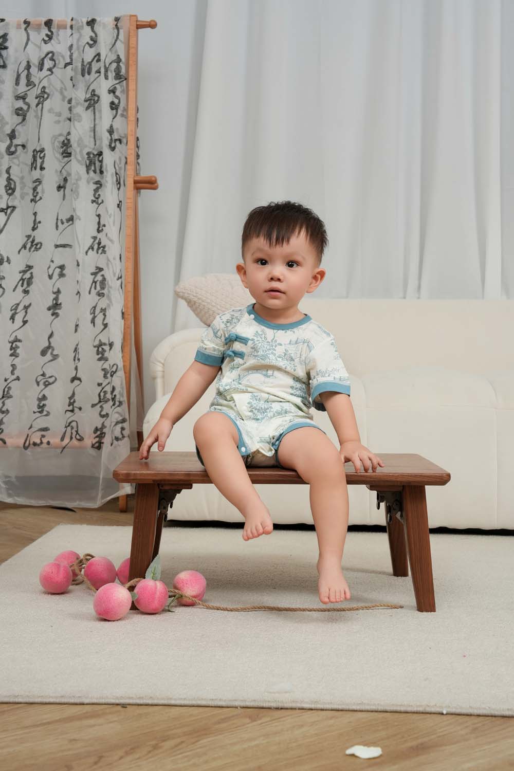 Singapore Souvenir Gift Chinese Garden Landscape Bridge Rockery Pavilion Baby Boy Cheongsam Romper 0839