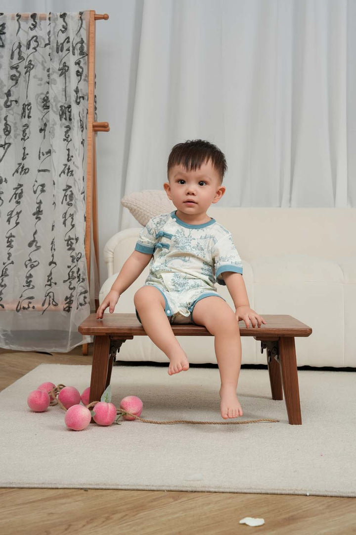 Chinese Garden Landscape Bridge Rockery Pavilion Baby Boy Cheongsam Romper 0839