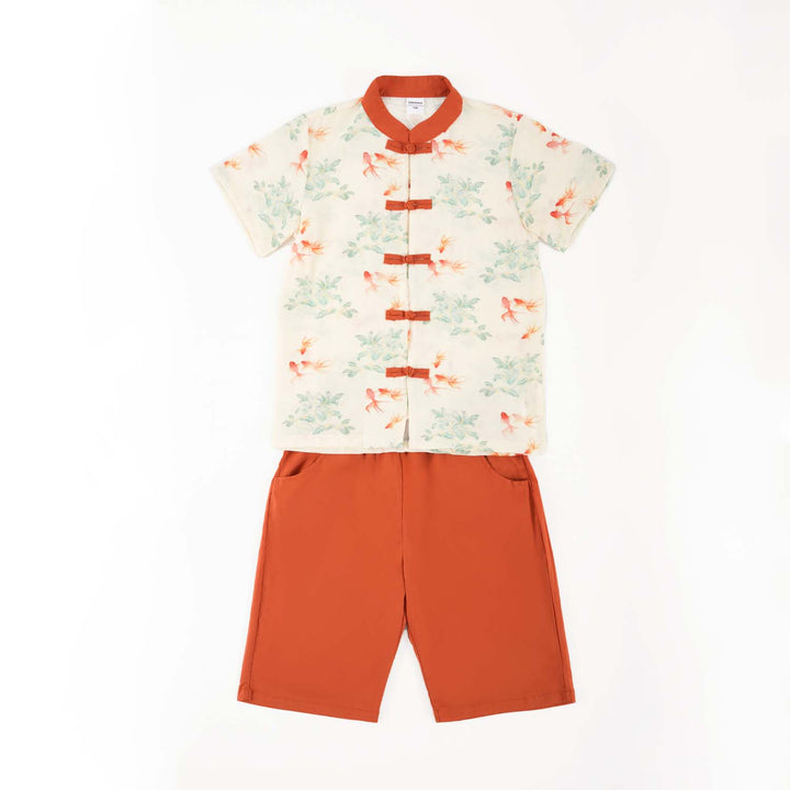 Fortune Bloom Family Set with Golden Fish Baby Kids Boys Cheongsam Set Top n Shorts CNY Chinese New Year Outfit 0829