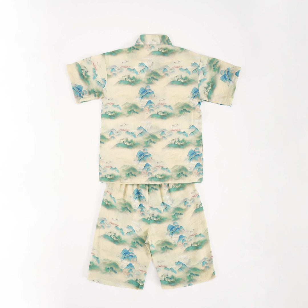 Chinese Landscape Painting Mountains Trees Baby Kids Boys Cheongsam Set Top n Shorts CNY Chinese New Year Outfit 0836