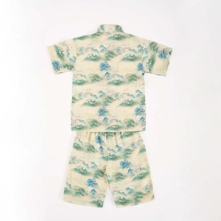 Singapore Souvenir Gift Chinese Landscape Painting Mountains Trees Baby Kids Boys Cheongsam Set Top n Shorts CNY Chinese New Year Outfit 0836