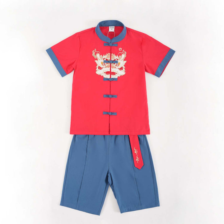 Singapore Souvenir Gift Dancing Lion Baby Kids Boys Cheongsam Set Red Top n Blue Shorts CNY Chinese New Year Outfit 0838