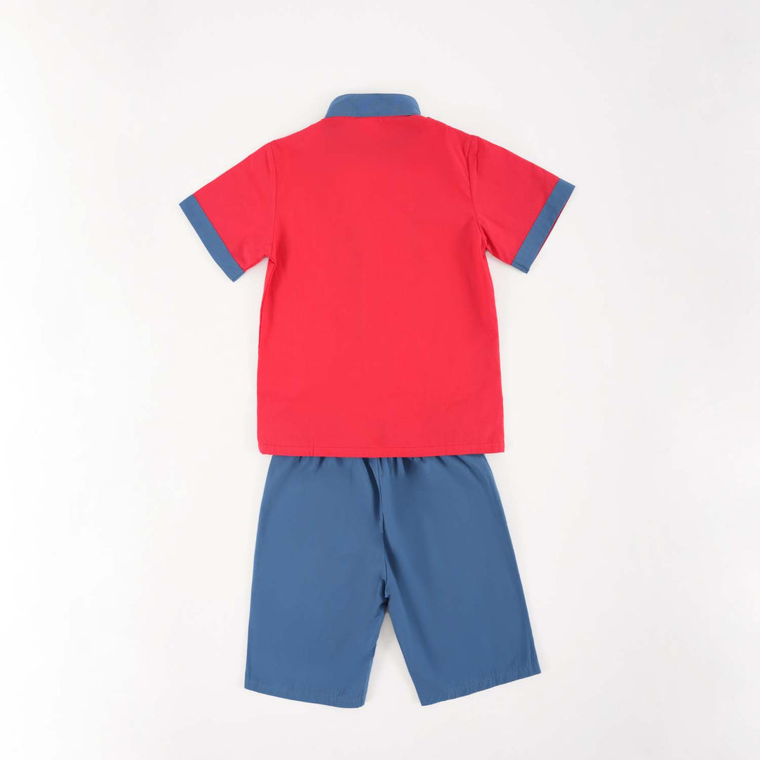 Dancing Lion Baby Kids Boys Cheongsam Set Red Top n Blue Shorts CNY Chinese New Year Outfit 0838