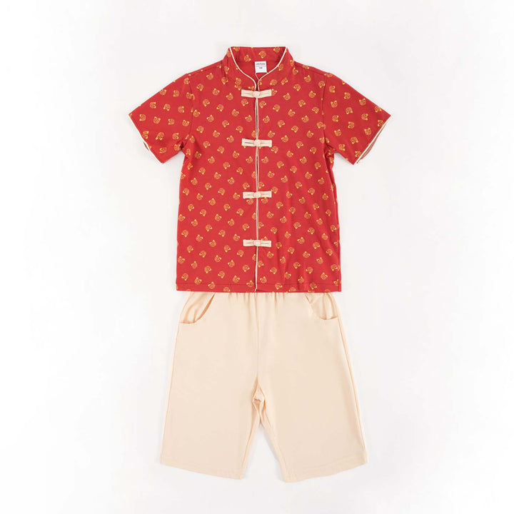 Singapore Souvenir Gift Blessing and Joy Family Set with Lucky Fu Characters Baby Kids Boys Cheongsam Set Top n Shorts CNY Chinese New Year Outfit 0832