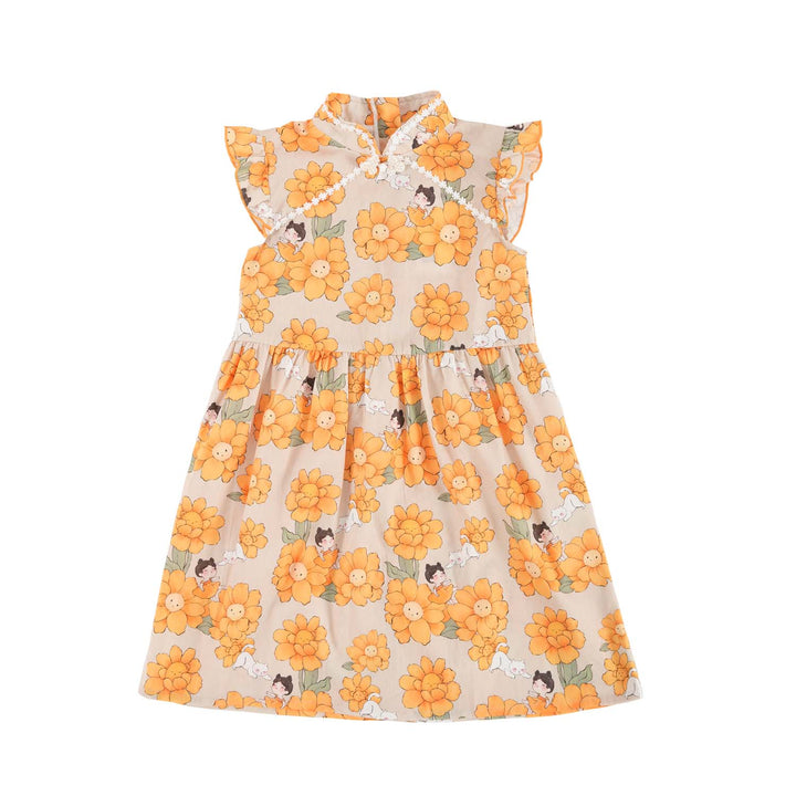 Sunflowers Little Girl n Cat Baby Kids Girl Cheongsam Dress 0846