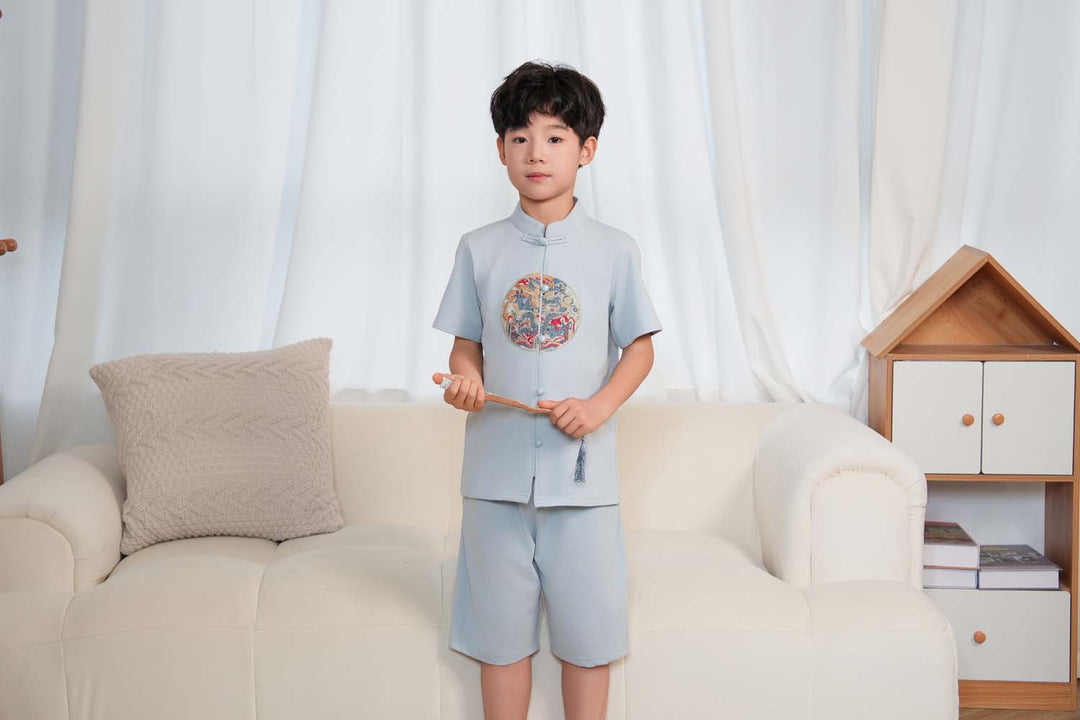 Vitality n Wisdom Blue Baby Kids Boys Cheongsam Set Top n Shorts CNY Chinese New Year Outfit 0844