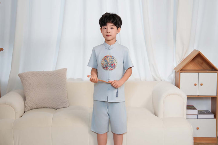 Singapore Souvenir Gift Vitality n Wisdom Blue Family Set Baby Kids Boys Cheongsam Set Top n Shorts CNY Chinese New Year Outfit 0844