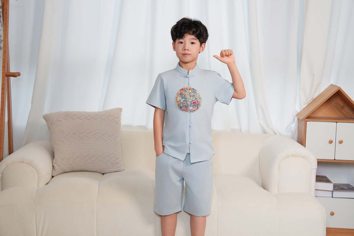 Vitality n Wisdom Blue Baby Kids Boys Cheongsam Set Top n Shorts CNY Chinese New Year Outfit 0844