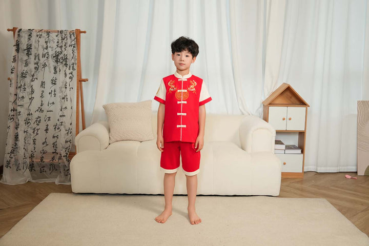 Singapore Souvenir Gift Wealth and Harmony Red Family Set with Golden Fish Embroidery Baby Kids Boys Cheongsam Set Top n Shorts CNY Chinese New Year Outfit 0835