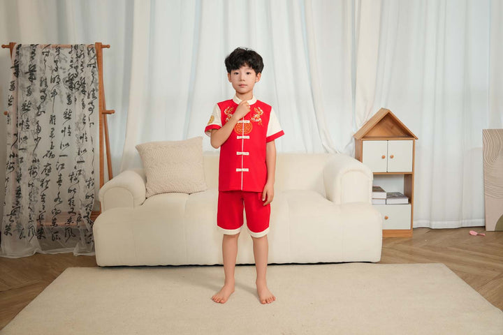 Singapore Souvenir Gift Wealth and Harmony Red Family Set with Golden Fish Embroidery Baby Kids Boys Cheongsam Set Top n Shorts CNY Chinese New Year Outfit 0835