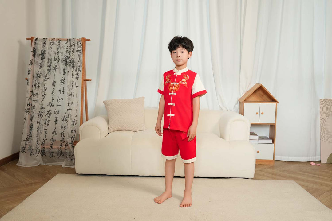 Singapore Souvenir Gift Wealth and Harmony Red Family Set with Golden Fish Embroidery Baby Kids Boys Cheongsam Set Top n Shorts CNY Chinese New Year Outfit 0835