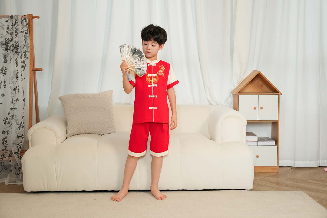 Singapore Souvenir Gift Wealth and Harmony Red Family Set with Golden Fish Embroidery Baby Kids Boys Cheongsam Set Top n Shorts CNY Chinese New Year Outfit 0835