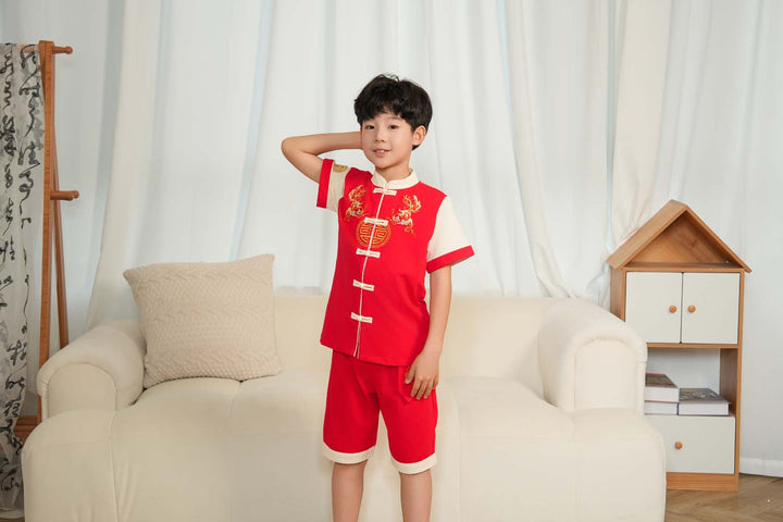 Singapore Souvenir Gift Wealth and Harmony Red Family Set with Golden Fish Embroidery Baby Kids Boys Cheongsam Set Top n Shorts CNY Chinese New Year Outfit 0835