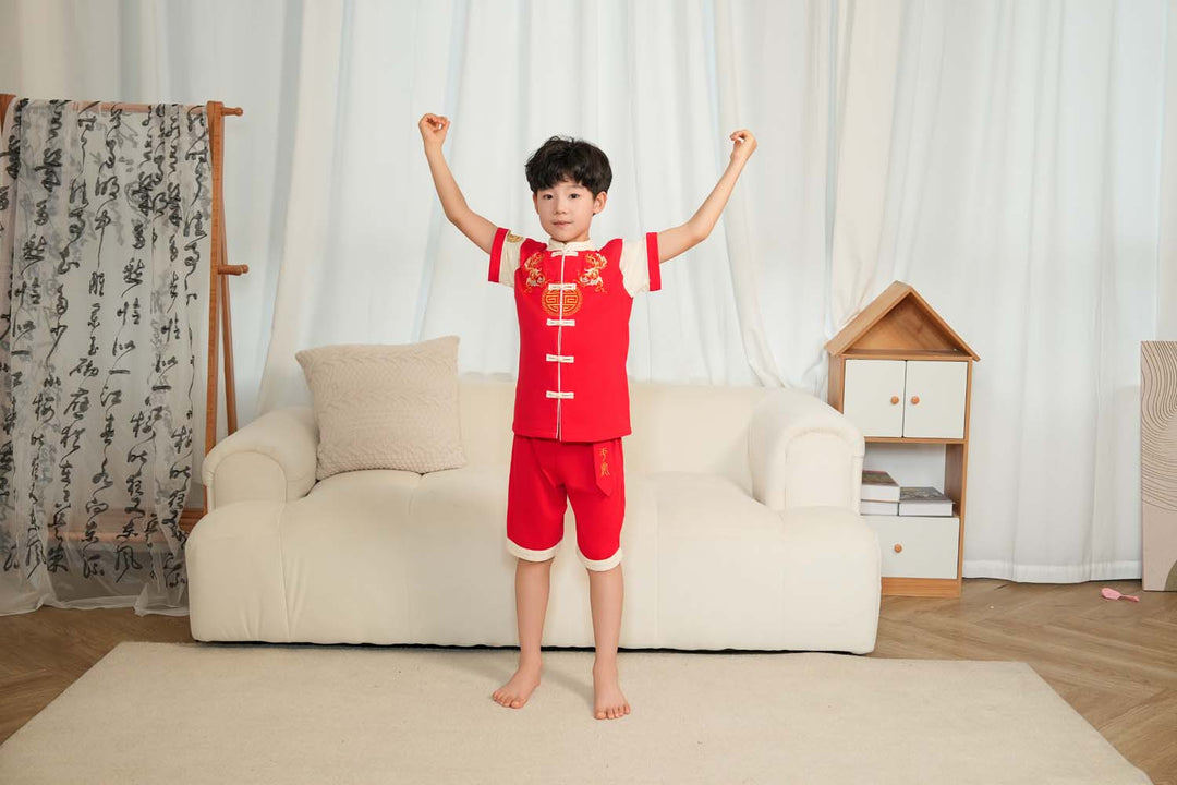 Singapore Souvenir Gift Wealth and Harmony Red Family Set with Golden Fish Embroidery Baby Kids Boys Cheongsam Set Top n Shorts CNY Chinese New Year Outfit 0835