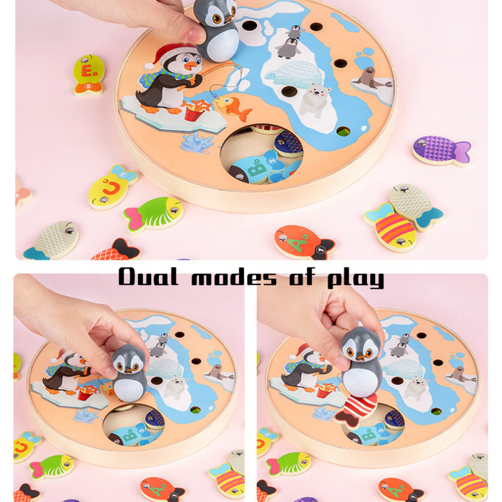 Fun Wooden Penguin Magnetic Fishing Game w Alphabets n Numbers 3 Years +