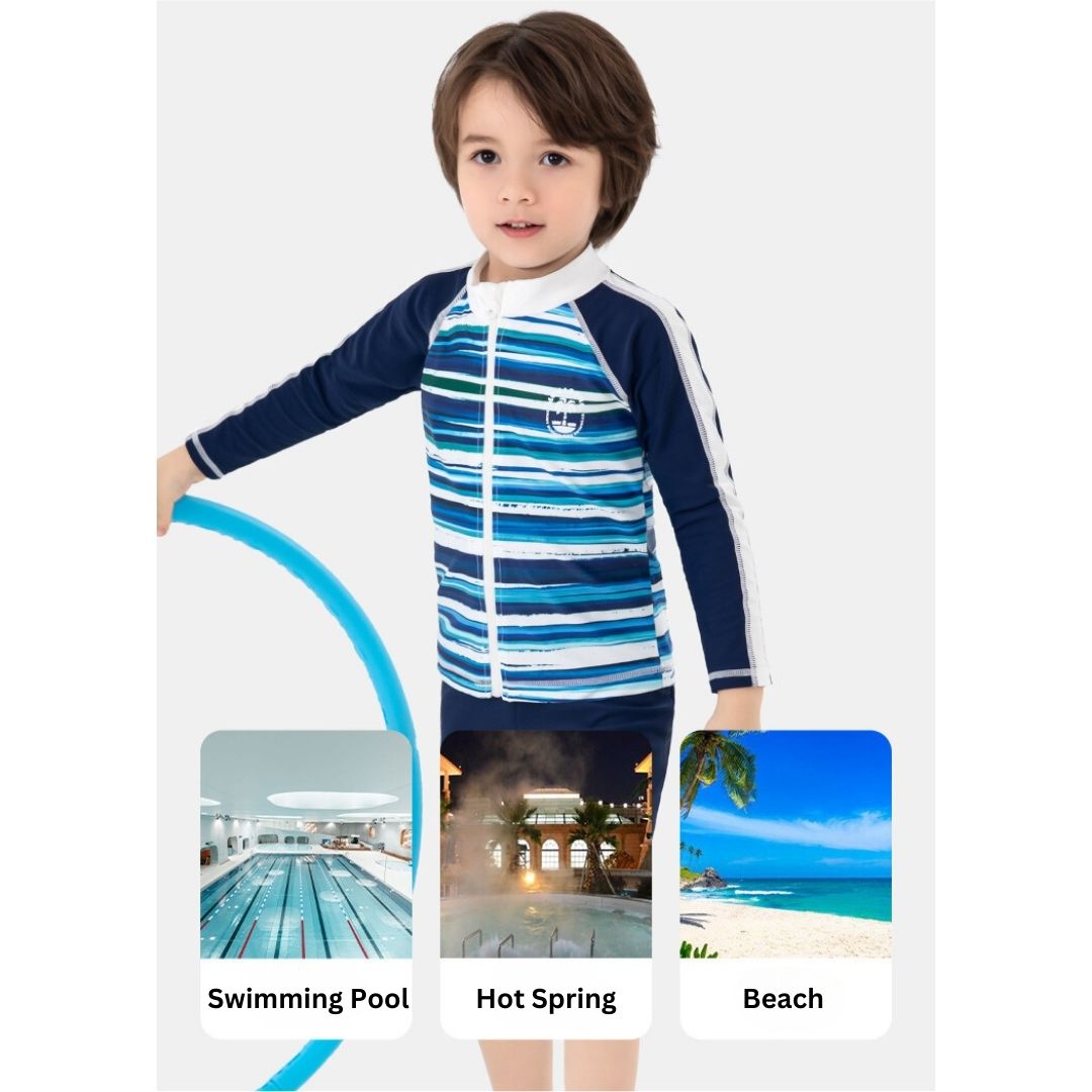 Baby Kids Boy Stripes Long Sleeve Top w Zipper n Shorts Swimming Suit Set 908414 - Little Kooma