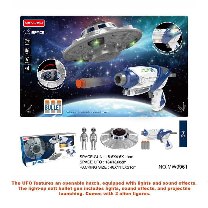 Kids Space Soft Bullet Gun Flying Gyro Gun UFO Return Capsule Light Effects